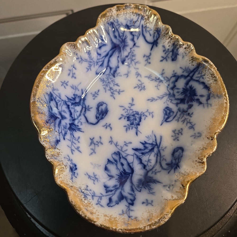 Antique Warwick China Flow Blue Floral Porcelain Trinket Dish with Gold Rim - Picture 3 of 14